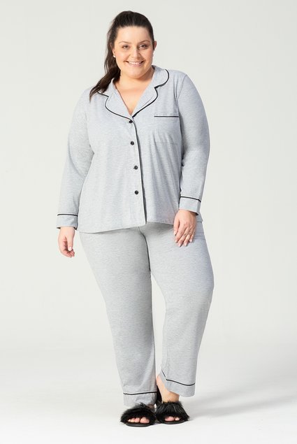 Pijama longo em algodão - Cinza Mescla