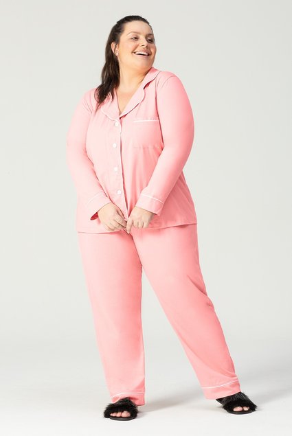 Pijama longo em algodão - Rosa Bebê